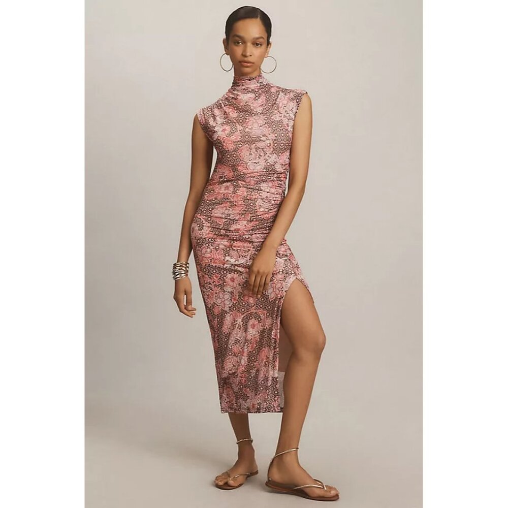Anthropologie The Maya Ruched Cowl-Neck Mesh Midi Dress | Small | Pink Floral